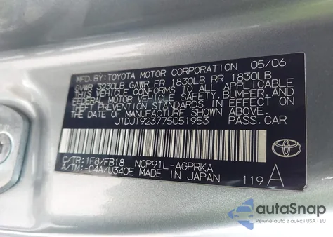 2007 Toyota Yaris z USA, uszkodzony, nr VIN JTDJT923775051953